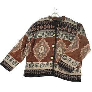 Retro Women XL Tapestry Jacket Earth Tone Geometric Floral Button Front Woven